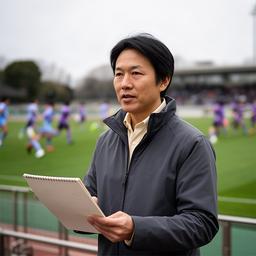 奈良県の競技場でノートを持ち試合を分析するアナリスト