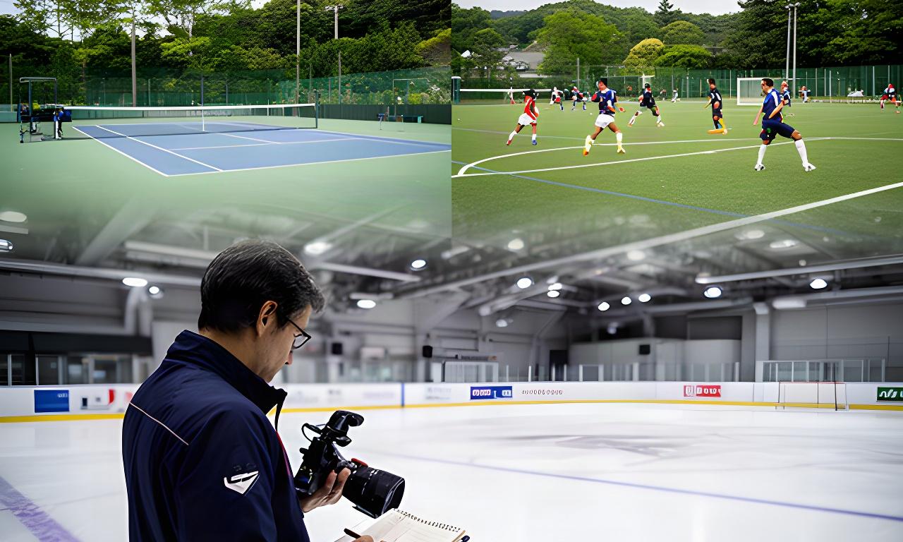 奈良県の屋外コートでテニス、サッカー場、アイスホッケーリンクを取材するスポーツ記者