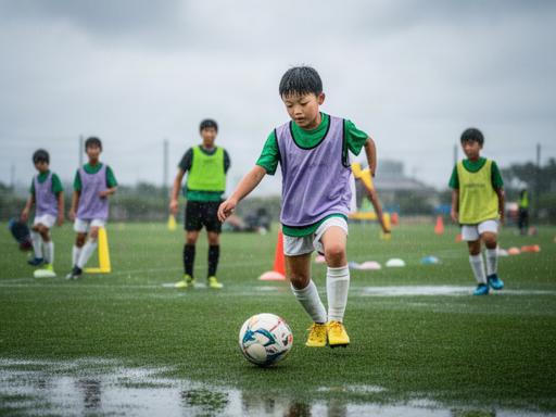 香芝市の少年サッカー選手が雨上がりのグラウンドで基礎練習を行う様子