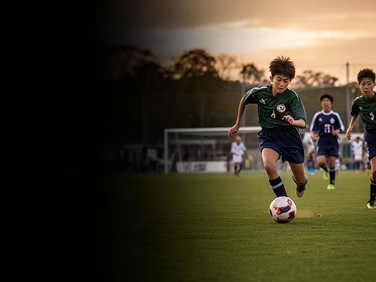 奈良県の中学生サッカー選手が夕方のグラウンドでボールを追う大会風景
