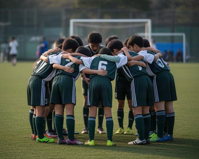 奈良県の中学生サッカーチームが試合前に円陣を組むグラウンド風景