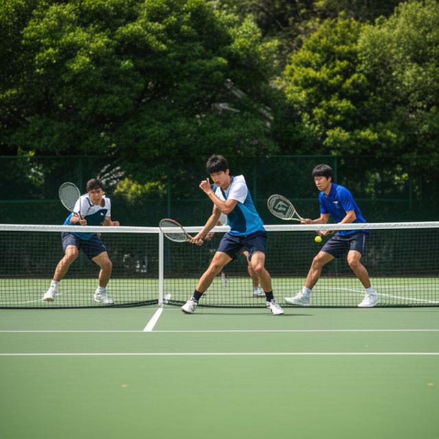 奈良県の大学テニスサークルが緑の屋外コートでダブルスの試合を行う様子