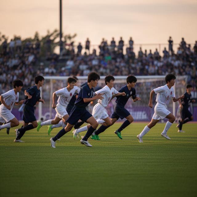 奈良県の高校サッカー選手権で夕方のピッチを走る選手たちと応援席