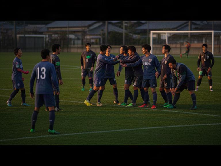 奈良県の社会人サッカー選手たちが夕方のグラウンドで守備の配置を確認する様子